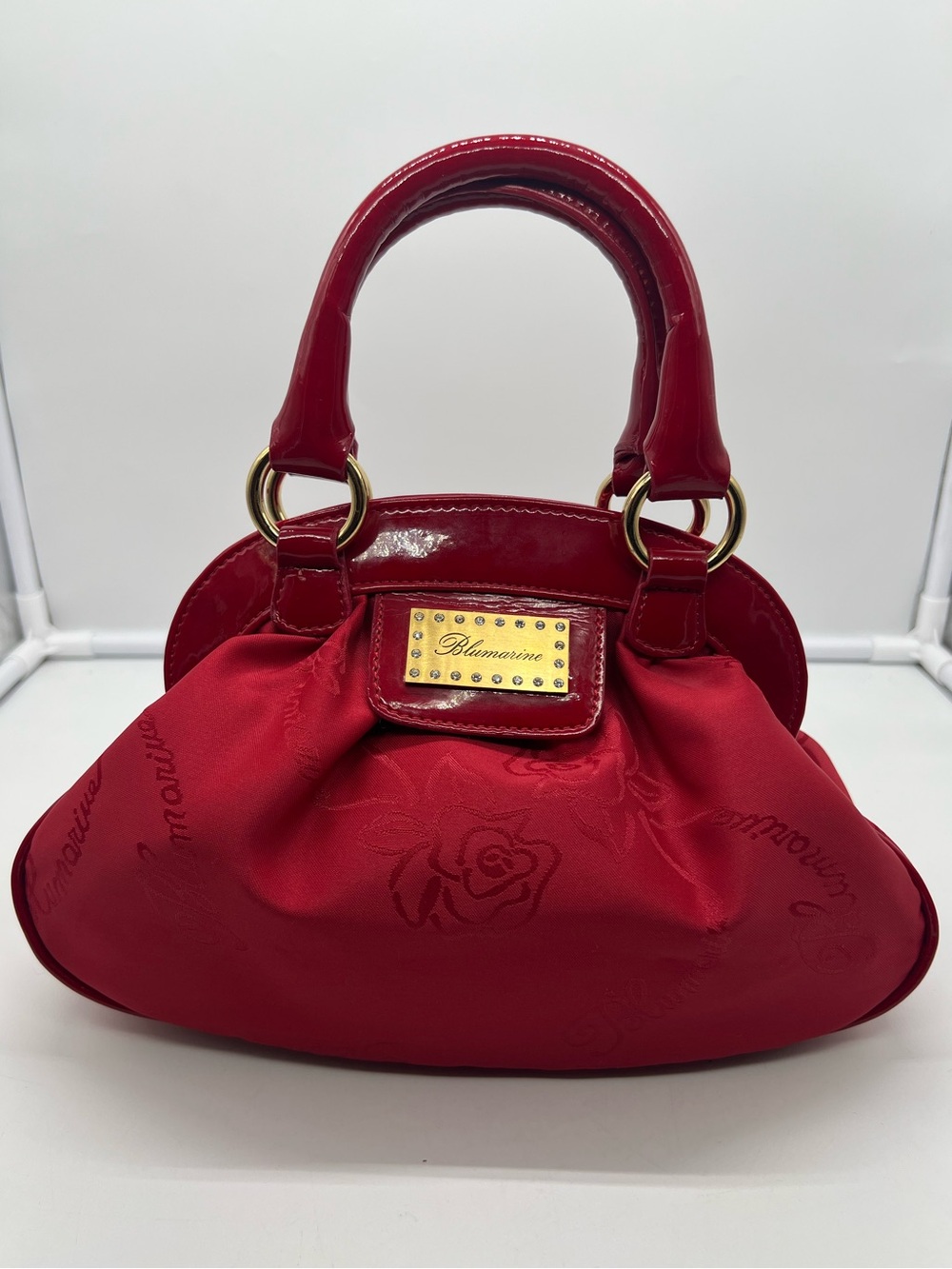 BLUMARINE Luxury Pleated Monogram Red Satin Gold Small Top Handle Bag Satchel